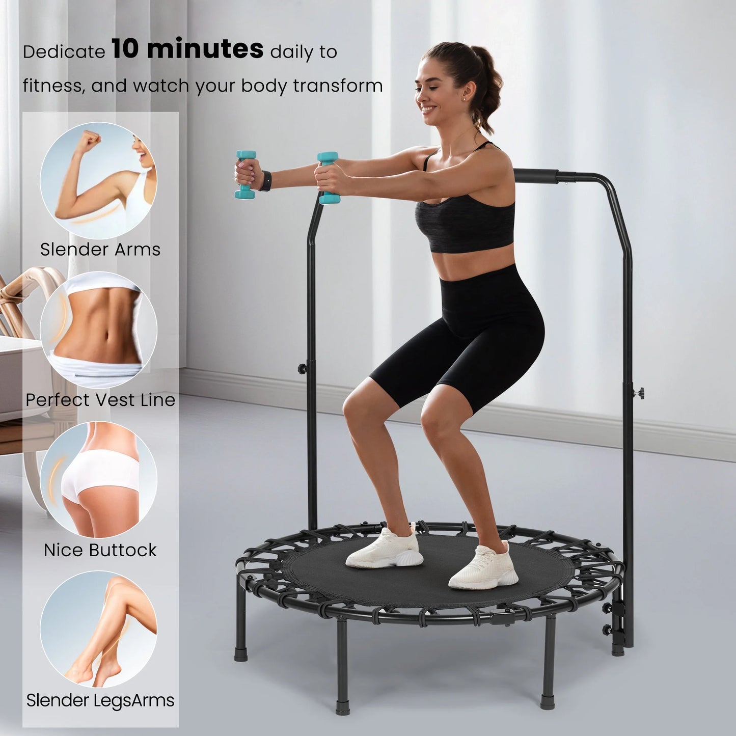 2-In-1 Circular Trampoline 40" Fitness Trampoline with Bungees Adjustable Foam Handle Exercise Trampoline for Family Adults Indoor Outdoor Workout Black Gifts for Dad